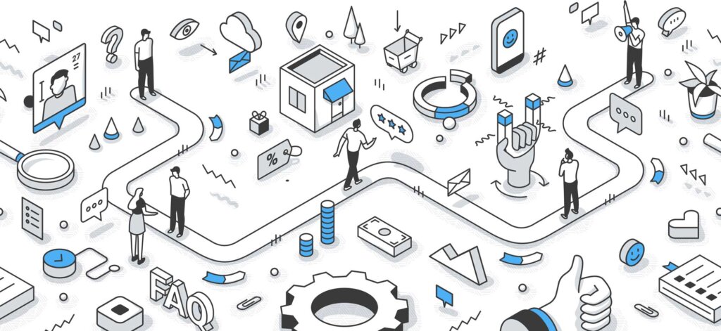 An abstract illustration of 6 people on various states of a journey on a winding walkway, surrounded by illustrations of clocks, FAQ, gears, money, charts, clouds, eyes, locator pins, mobile phones, plants, magnets, letters, pricetags, video calls, packages, mountains, conversations, reviews, and more. Using Service Design to solve bottlenecks when designing and building AI products and services.